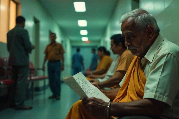 A distressed woman in a sari in a hospital waiting room depicts the emotional impact of **emergency room medical negligence**.