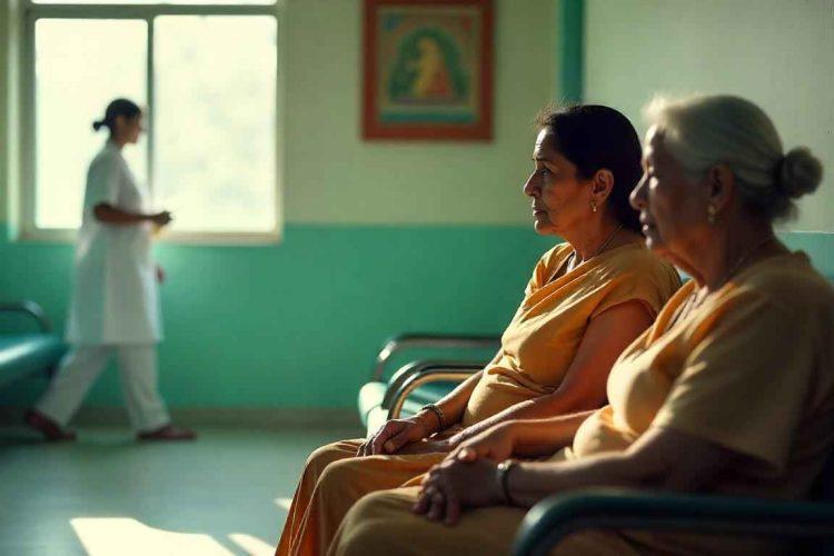 Warm, diffused light shines on worried faces in an Indian hospital setting reflecting gynecological medical negligence.