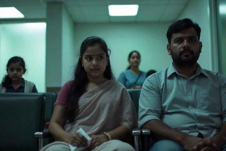 A somber hospital waiting room scene depicting family anxiety related to general surgery negligence.