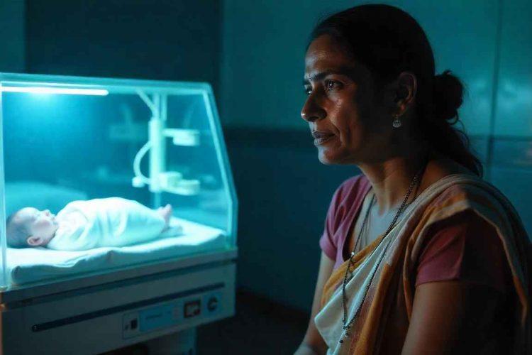 A worried Indian mother sits next to an incubator, representing pediatric medical negligence concerns.