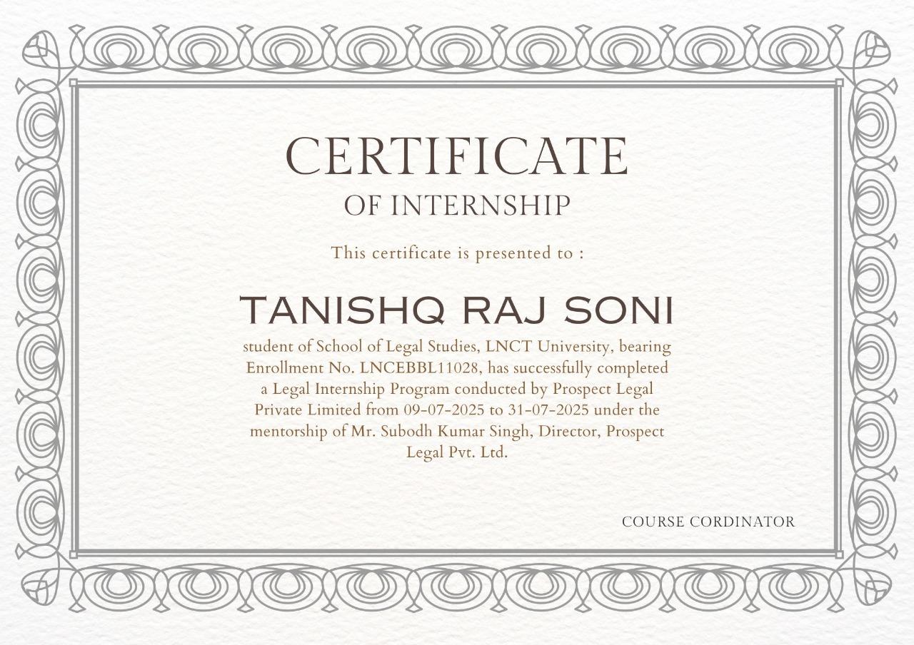 Prospect Legal Internship Certificate in Bhopal MP Prospect Legal Internship Certificate in Bhopal MP